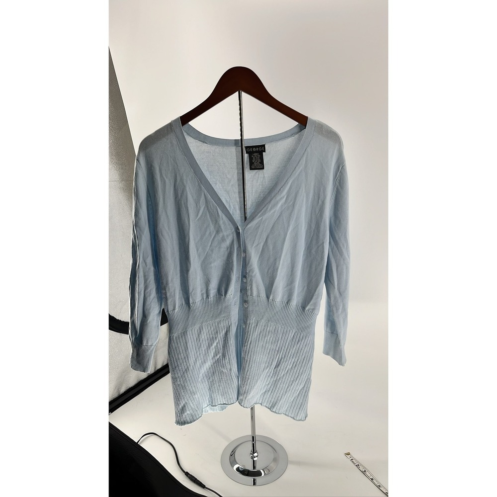 George Women's XL Cardigan Light Blue V-Neck Button Front Ribbed Knit‎